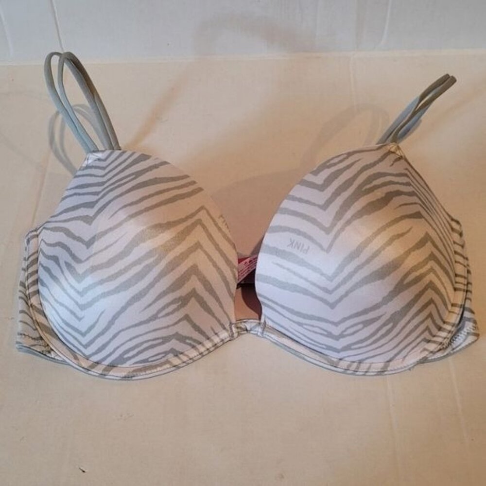 Victoria's Secrets Push Up Plunge Bra Size 36D Gray White Animal Print Underwire